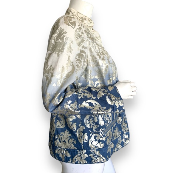 CHICO’S SILVER/BLUE/WHITE FOIL OMBRÉ COTTON JACKET. CHICO’S WOMEN’s SIZE 2 - Picture 4 of 9